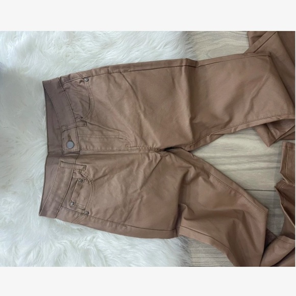 Tan Faux Leather Wax Coated Jeans Flared Leg Bell Bottom High Waist - Picture 10 of 15